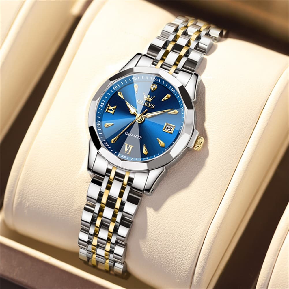 OLEVS 9998 Diamond Cut Glass Couple Dress Watch for Men and Women - Women Gold Blue Watch | Olevs Watch Store