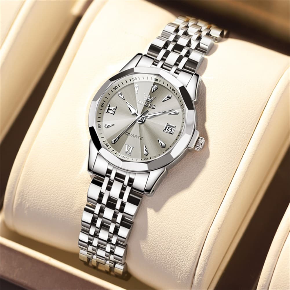 OLEVS 9998 Diamond Cut Glass Couple Dress Watch for Men and Women - Women Silver Grey Watch | Olevs Watch Store