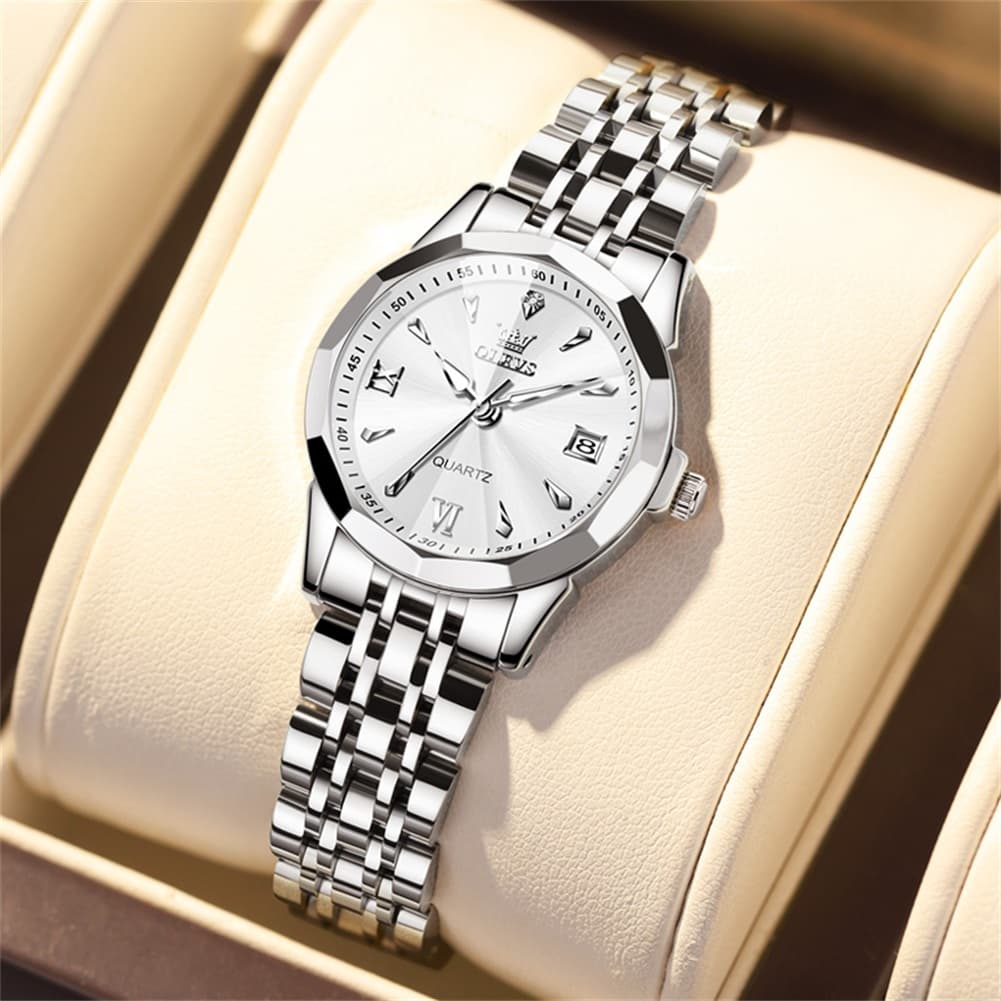 OLEVS 9998 Diamond Cut Glass Couple Dress Watch for Men and Women - Women Silver White Watch | Olevs Watch Store