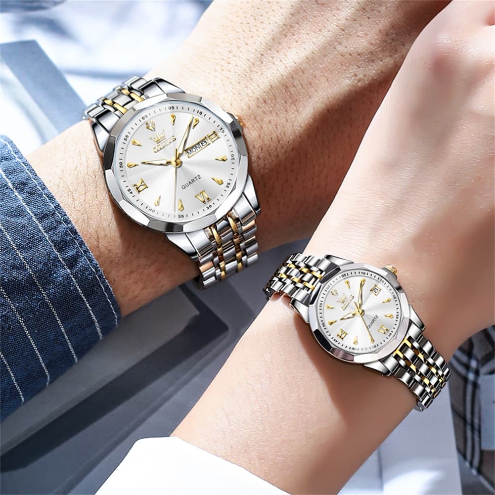 OLEVS 9998 Diamond Cut Glass Couple Dress Watch for Men and Women - Women Silver White Watch | Olevs Watch Store