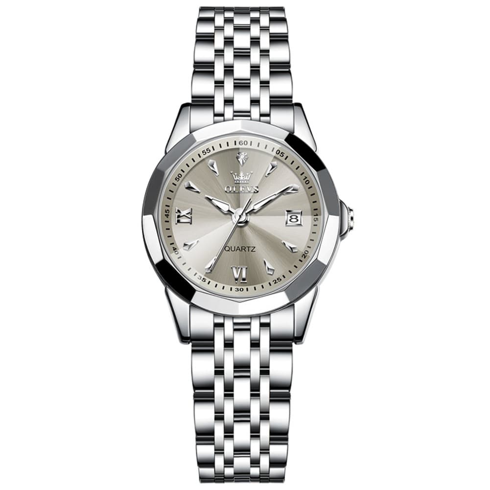OLEVS 9998 Diamond Cut Glass Couple Dress Watch for Men and Women - Women Silver White Watch | Olevs Watch Store