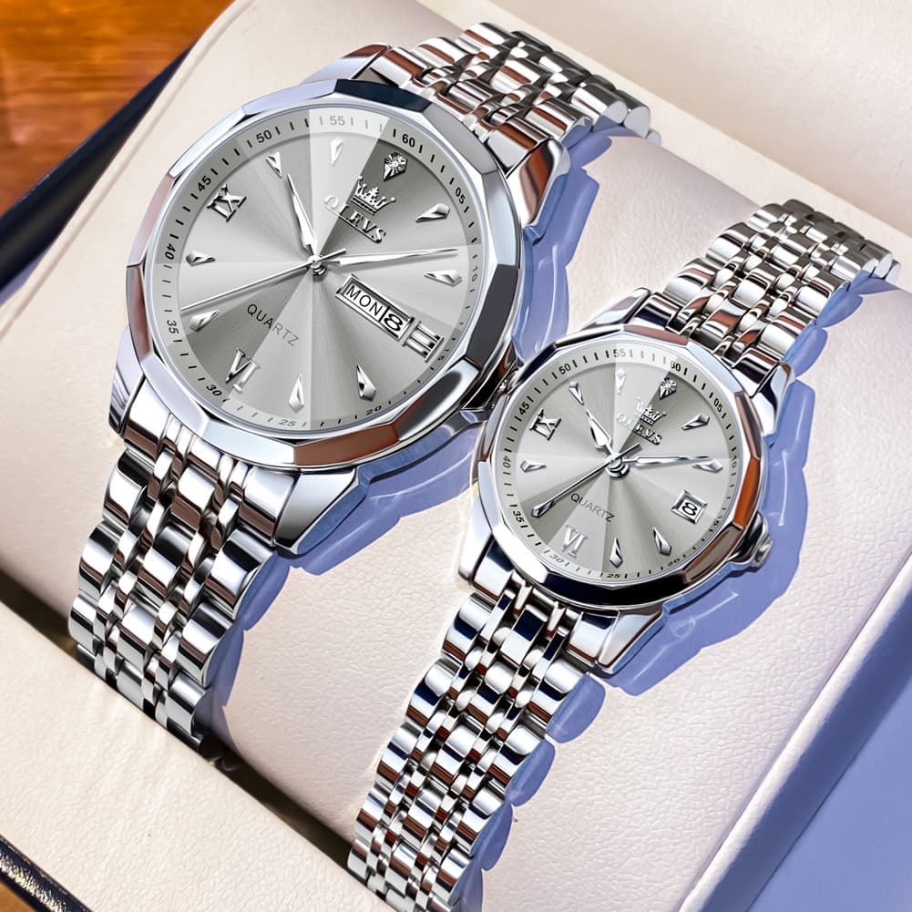 OLEVS 9998 Diamond Cut Glass Couple Dress Watch for Men and Women - Women Silver White Watch | Olevs Watch Store