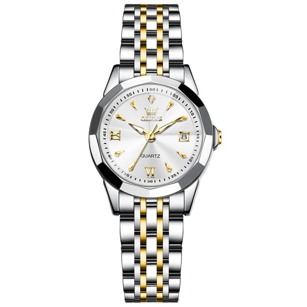 OLEVS 9998 Diamond Cut Glass Couple Dress Watch for Men and Women - Women Silver White Watch | Olevs Watch Store
