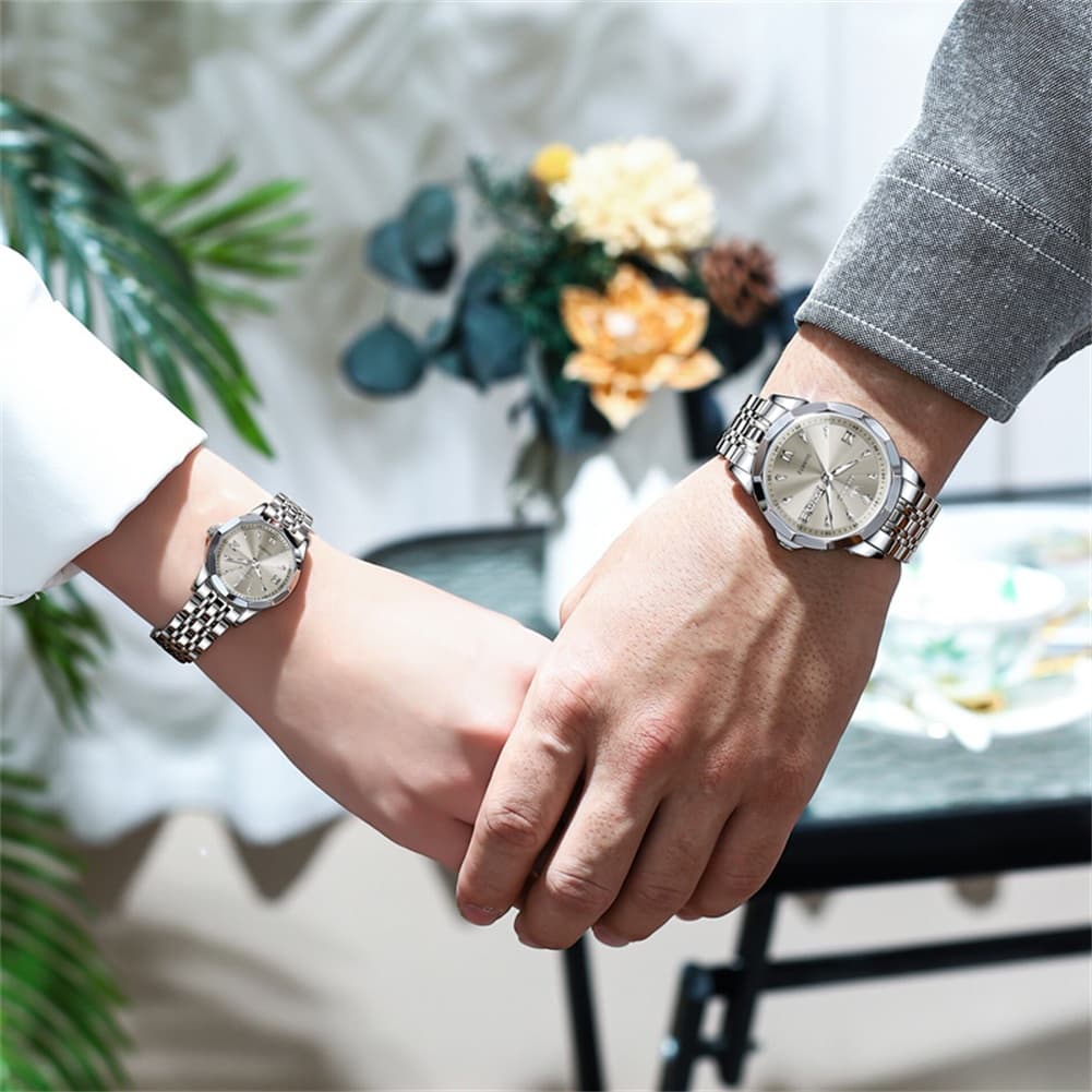 OLEVS 9998 Diamond Cut Glass Couple Dress Watch for Men and Women - Women Silver White Watch | Olevs Watch Store