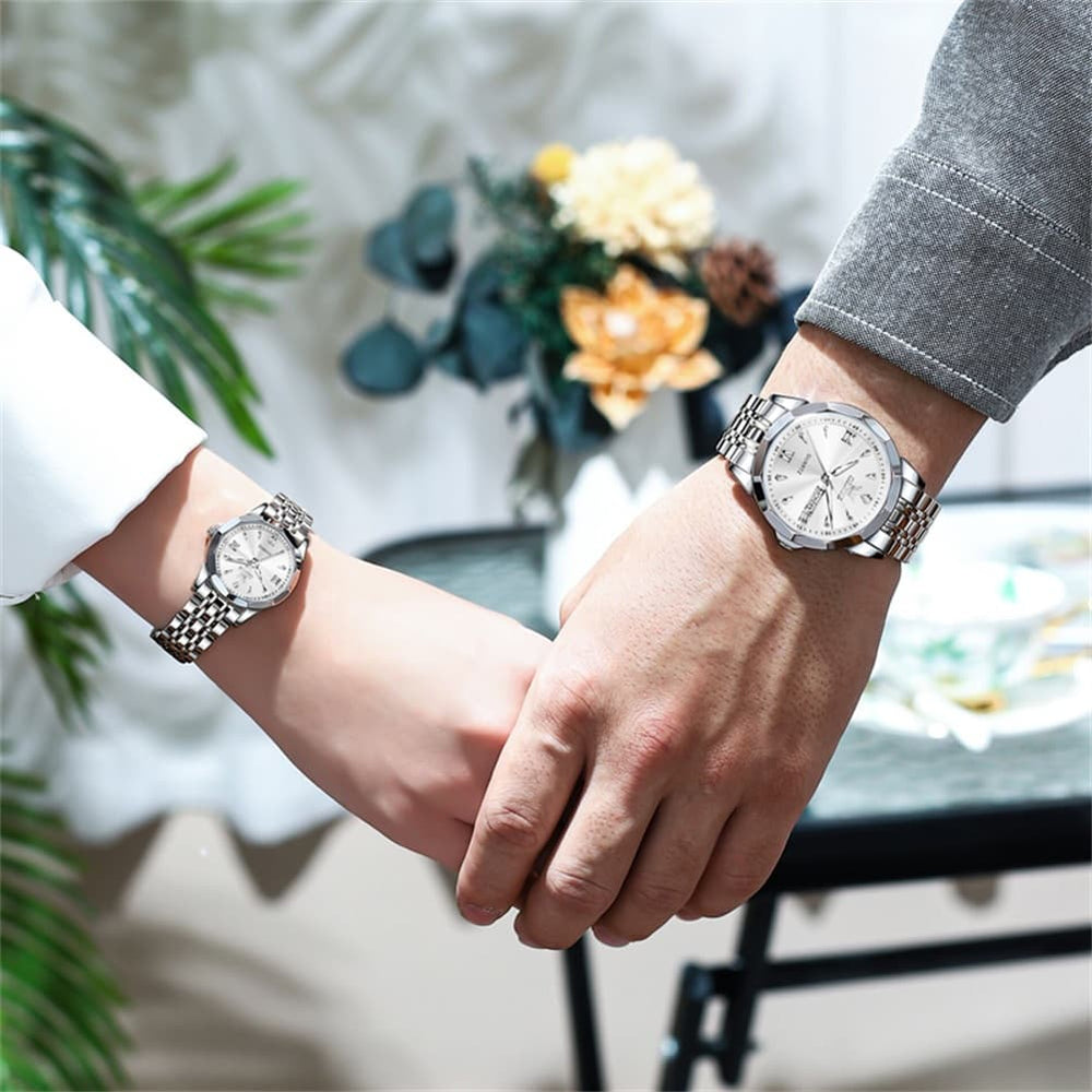 OLEVS 9998 Diamond Cut Glass Couple Dress Watch for Men and Women - Women Silver White Watch | Olevs Watch Store