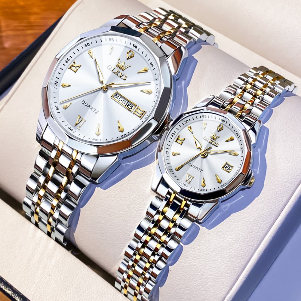OLEVS 9998 Diamond Cut Glass Couple Dress Watch for Men and Women - Women Silver White Watch | Olevs Watch Store