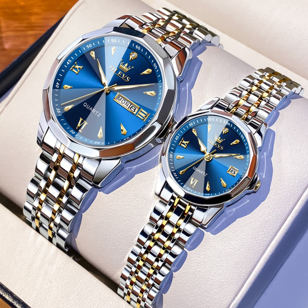 OLEVS 9998 Diamond Cut Glass Couple Dress Watch for Men and Women - Women Silver White Watch | Olevs Watch Store