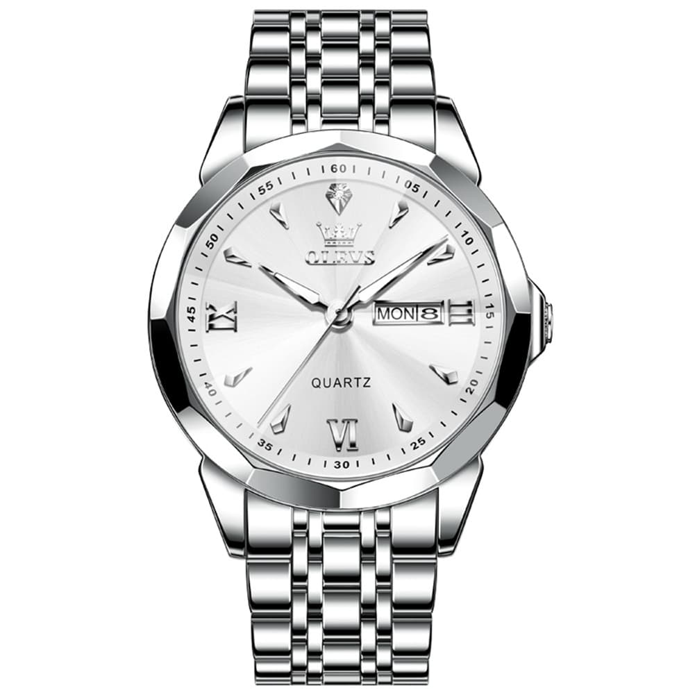 OLEVS 9998 Diamond Cut Glass Couple Dress Watch for Men and Women - Women Silver White Watch | Olevs Watch Store
