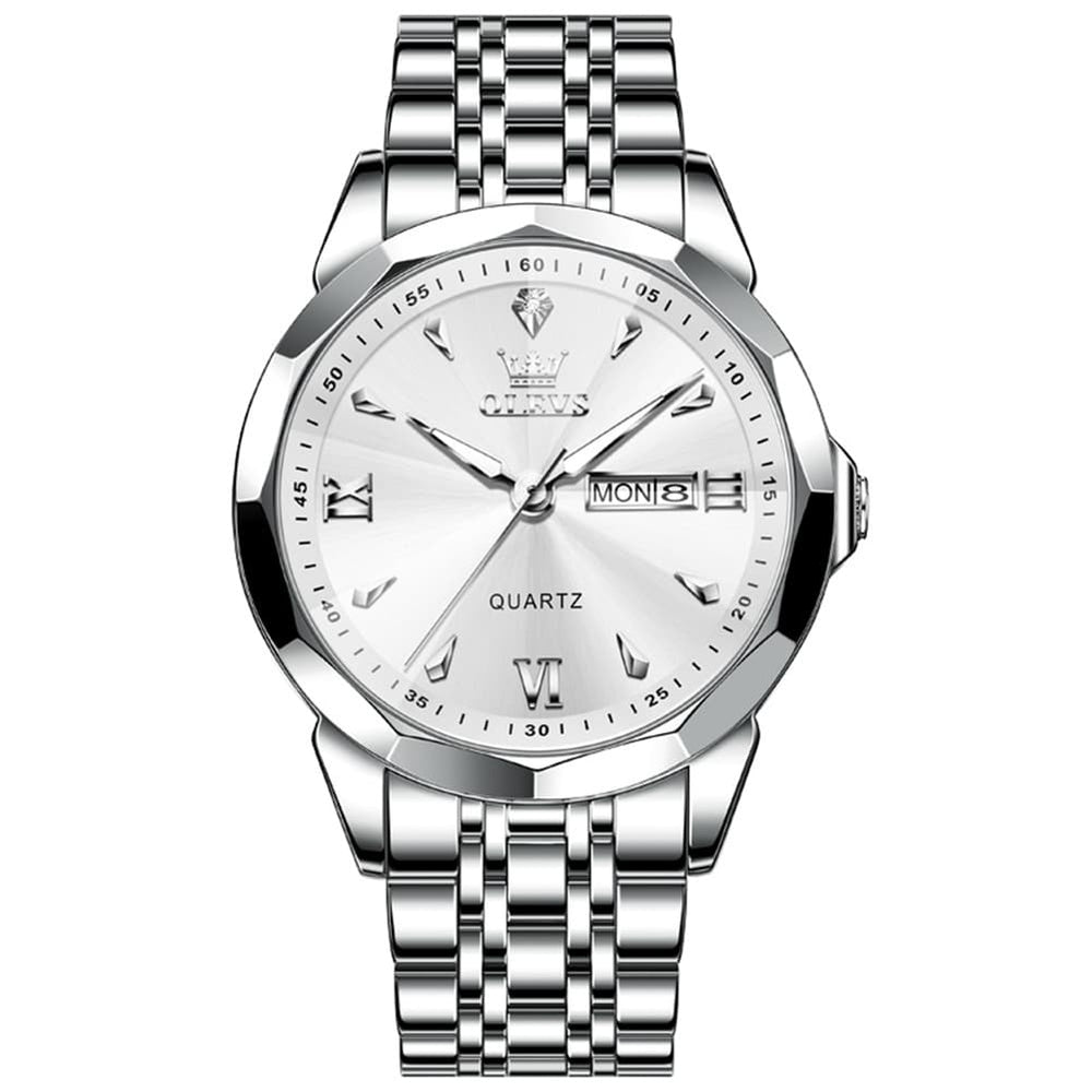OLEVS 9998 Diamond Cut Glass Couple Dress Watch for Men and Women - Women Silver White Watch | Olevs Watch Store