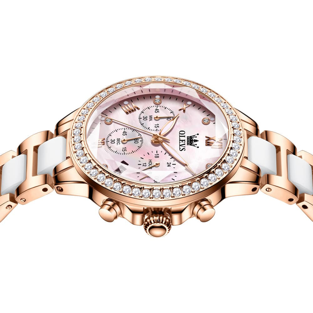 OLEVS 9999 Diamond Bezel Chronograph Ceramic Watch for Women - Rose Gold Black Watch | Olevs Watch Store