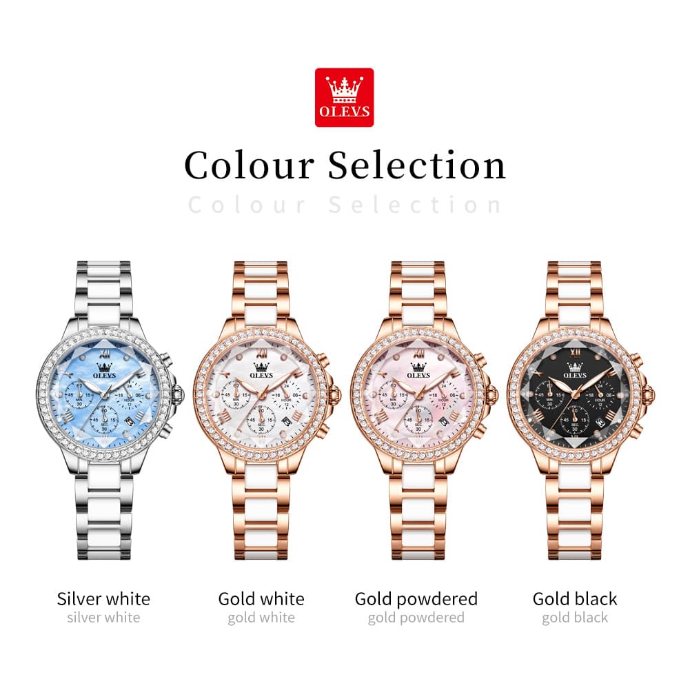 OLEVS 9999 Diamond Bezel Chronograph Ceramic Watch for Women - Rose Gold Black Watch | Olevs Watch Store