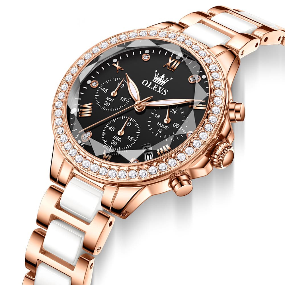 OLEVS 9999 Diamond Bezel Chronograph Ceramic Watch for Women - Rose Gold Black Watch | Olevs Watch Store