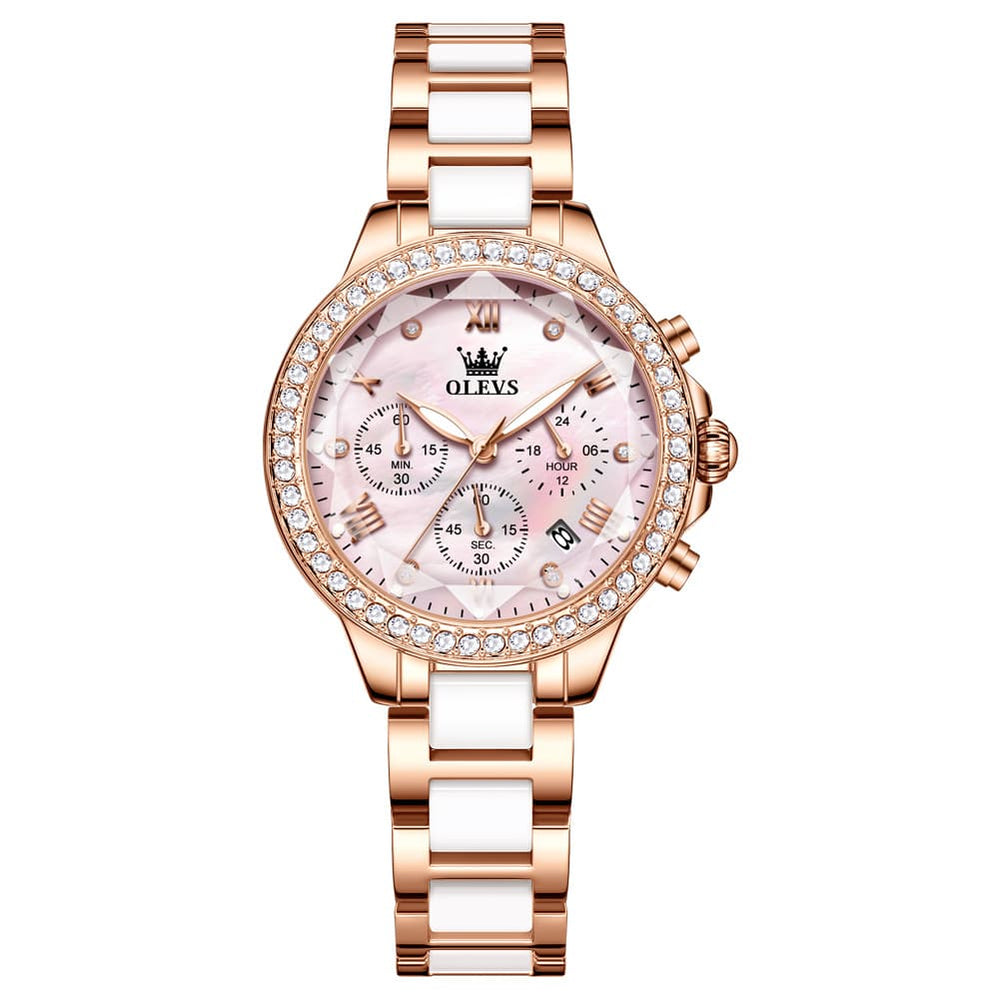 OLEVS 9999 Diamond Bezel Chronograph Ceramic Watch for Women - Rose Gold Black Watch | Olevs Watch Store