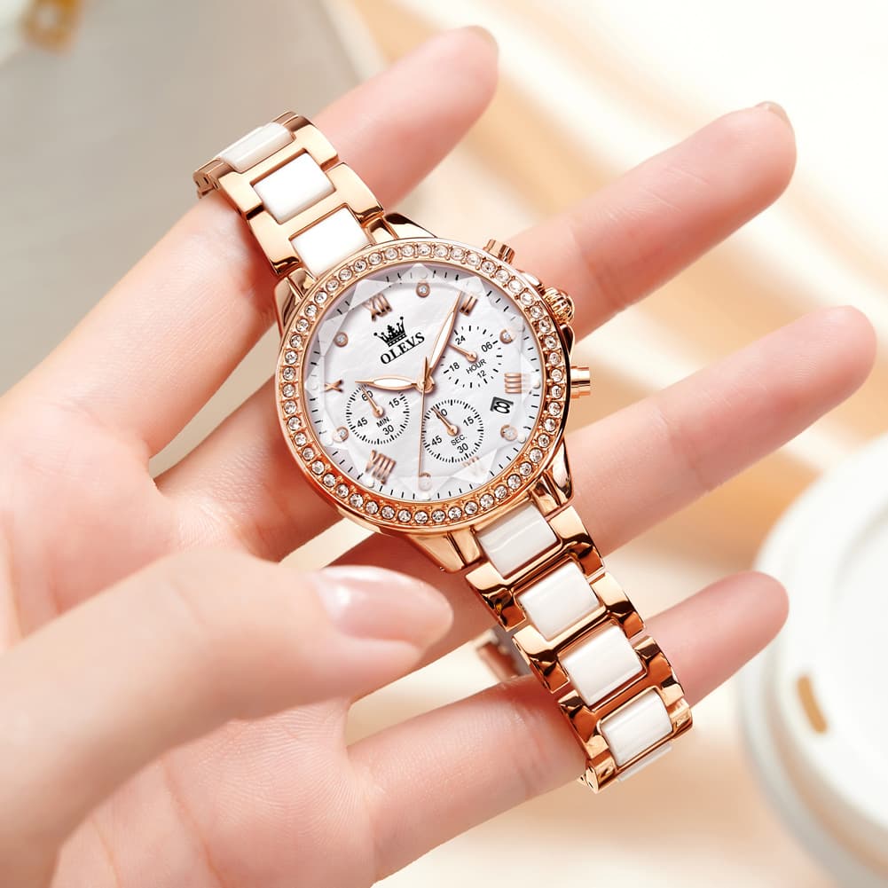 OLEVS 9999 Diamond Bezel Chronograph Ceramic Watch for Women - Rose Gold Black Watch | Olevs Watch Store