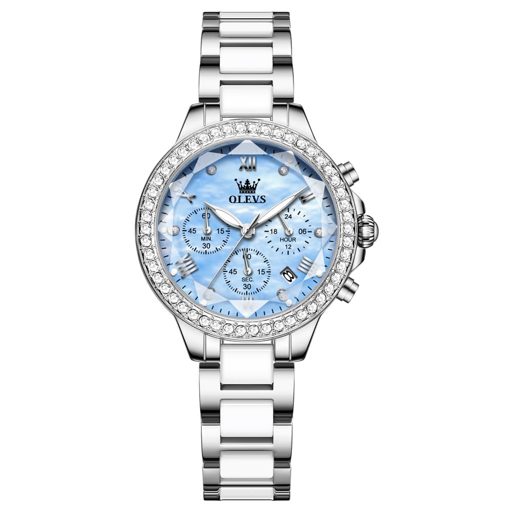 OLEVS 9999 Diamond Bezel Chronograph Ceramic Watch for Women - Rose Gold Black Watch | Olevs Watch Store