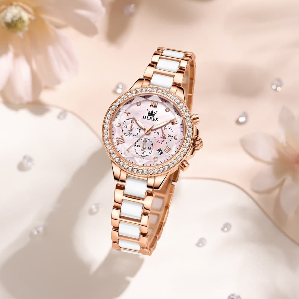 OLEVS 9999 Diamond Bezel Chronograph Ceramic Watch for Women - Rose Gold Black Watch | Olevs Watch Store