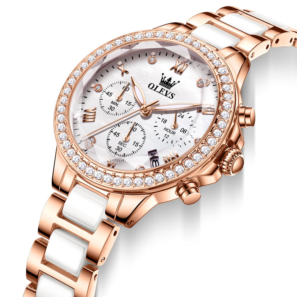 OLEVS 9999 Diamond Bezel Chronograph Ceramic Watch for Women - Rose Gold Black Watch | Olevs Watch Store