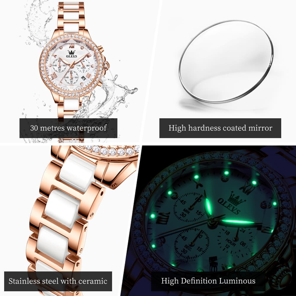 OLEVS 9999 Diamond Bezel Chronograph Ceramic Watch for Women - Rose Gold Black Watch | Olevs Watch Store