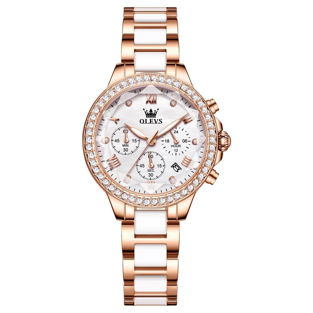 OLEVS 9999 Diamond Bezel Chronograph Ceramic Watch for Women - Rose Gold Black Watch | Olevs Watch Store