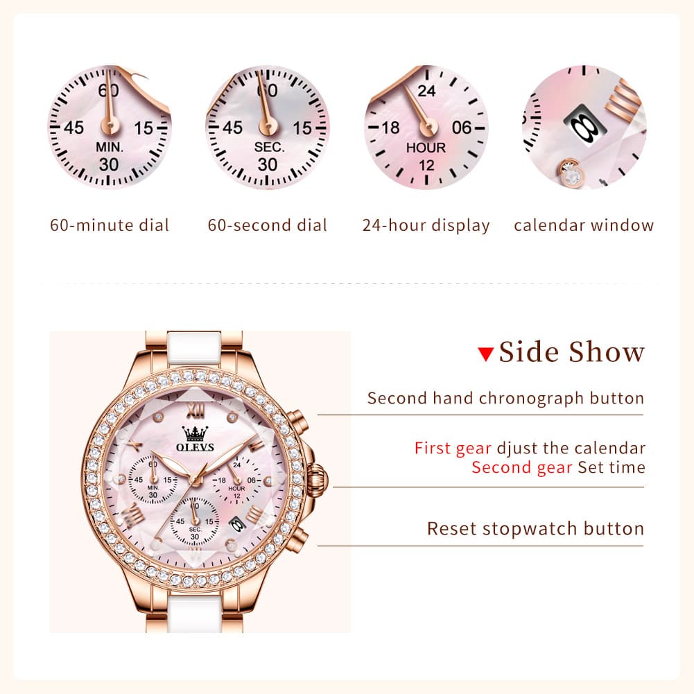 OLEVS 9999 Diamond Bezel Chronograph Ceramic Watch for Women - Rose Gold Black Watch | Olevs Watch Store