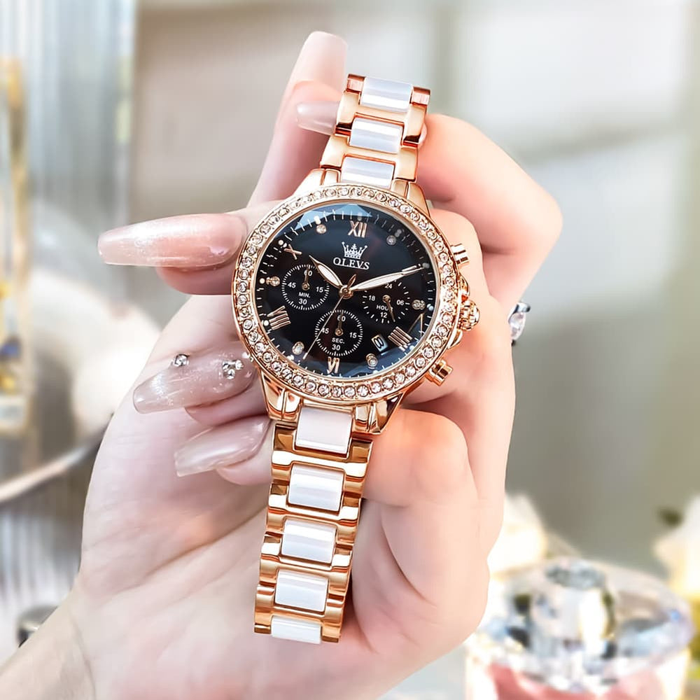 OLEVS 9999 Diamond Bezel Chronograph Ceramic Watch for Women - Rose Gold Black Watch | Olevs Watch Store
