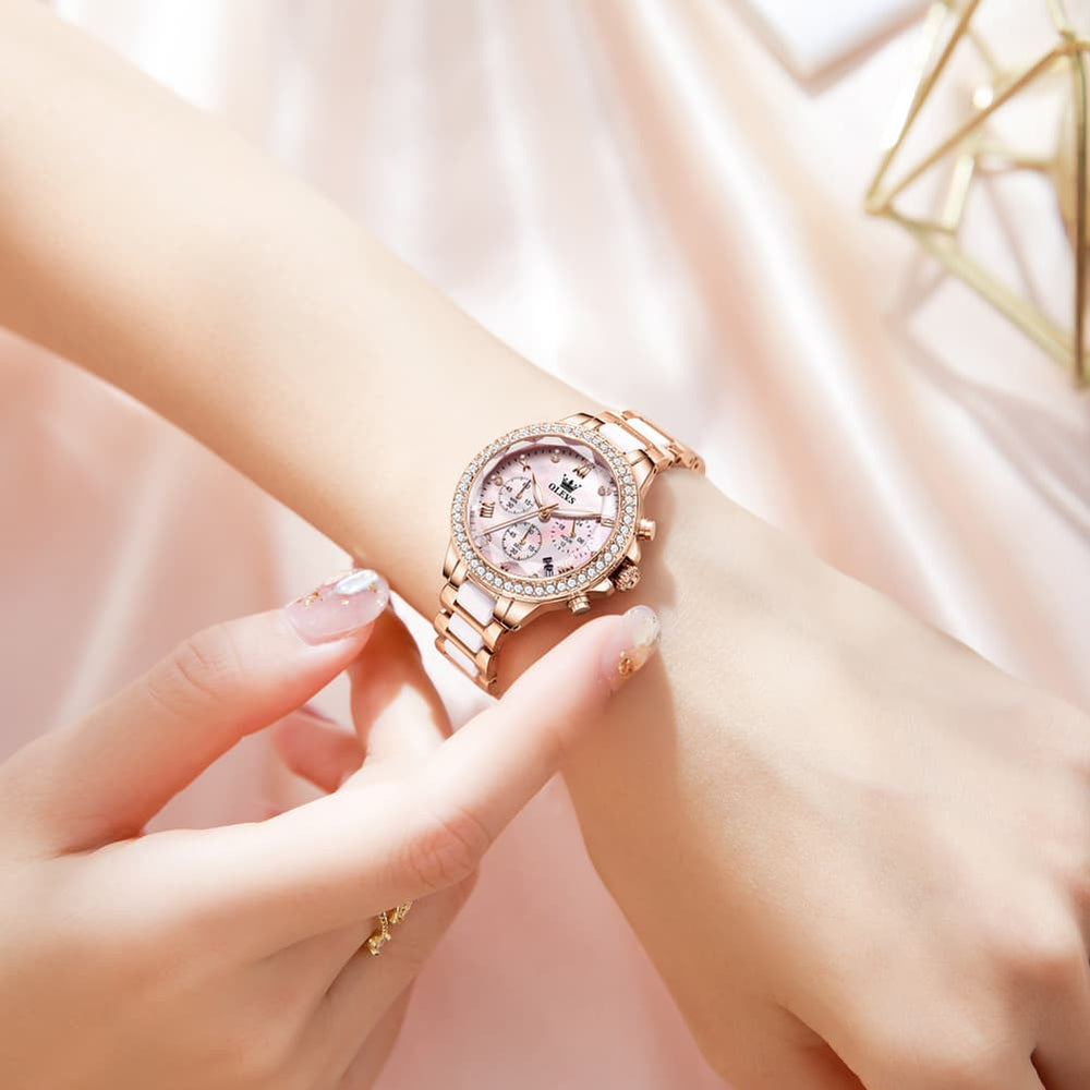 OLEVS 9999 Diamond Bezel Chronograph Ceramic Watch for Women - Rose Gold Black Watch | Olevs Watch Store