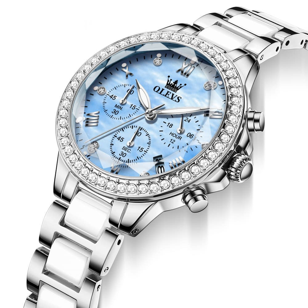 OLEVS 9999 Diamond Bezel Chronograph Ceramic Watch for Women - Rose Gold Black Watch | Olevs Watch Store