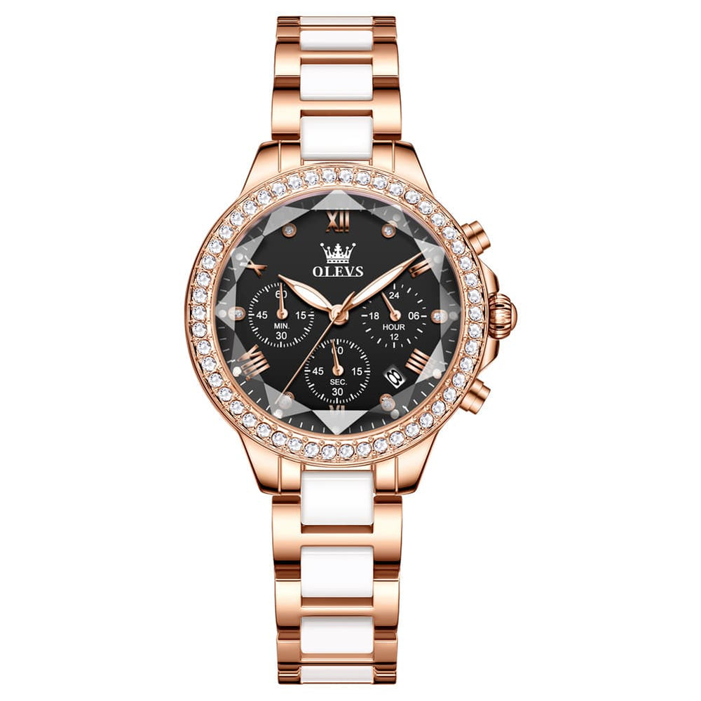 OLEVS 9999 Diamond Bezel Chronograph Ceramic Watch for Women - Rose Gold Black Watch | Olevs Watch Store