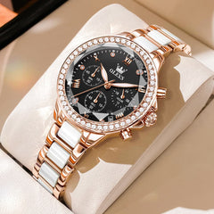OLEVS 9999 Diamond Bezel Chronograph Ceramic Watch for Women - Rose Gold Black Watch | Olevs Watch Store