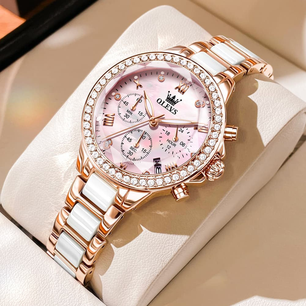 OLEVS 9999 Diamond Bezel Chronograph Ceramic Watch for Women - Rose Gold Pink Watch | Olevs Watch Store