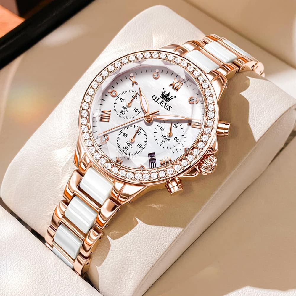 OLEVS 9999 Diamond Bezel Chronograph Ceramic Watch for Women - Rose Gold White Watch | Olevs Watch Store
