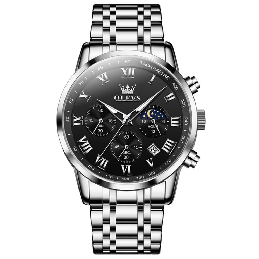 OLEVS Chronograph Moon Phase Dress Watch for Men Stainless Steel 5529 - Silver Blue Watch | Olevs Watch Store