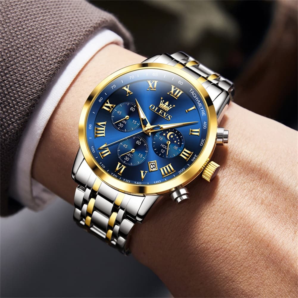 OLEVS Chronograph Moon Phase Dress Watch for Men Stainless Steel 5529 - All Black Watch | Olevs Watch Store