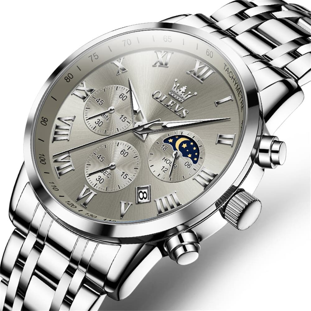 OLEVS Chronograph Moon Phase Dress Watch for Men Stainless Steel 5529 - All Black Watch | Olevs Watch Store