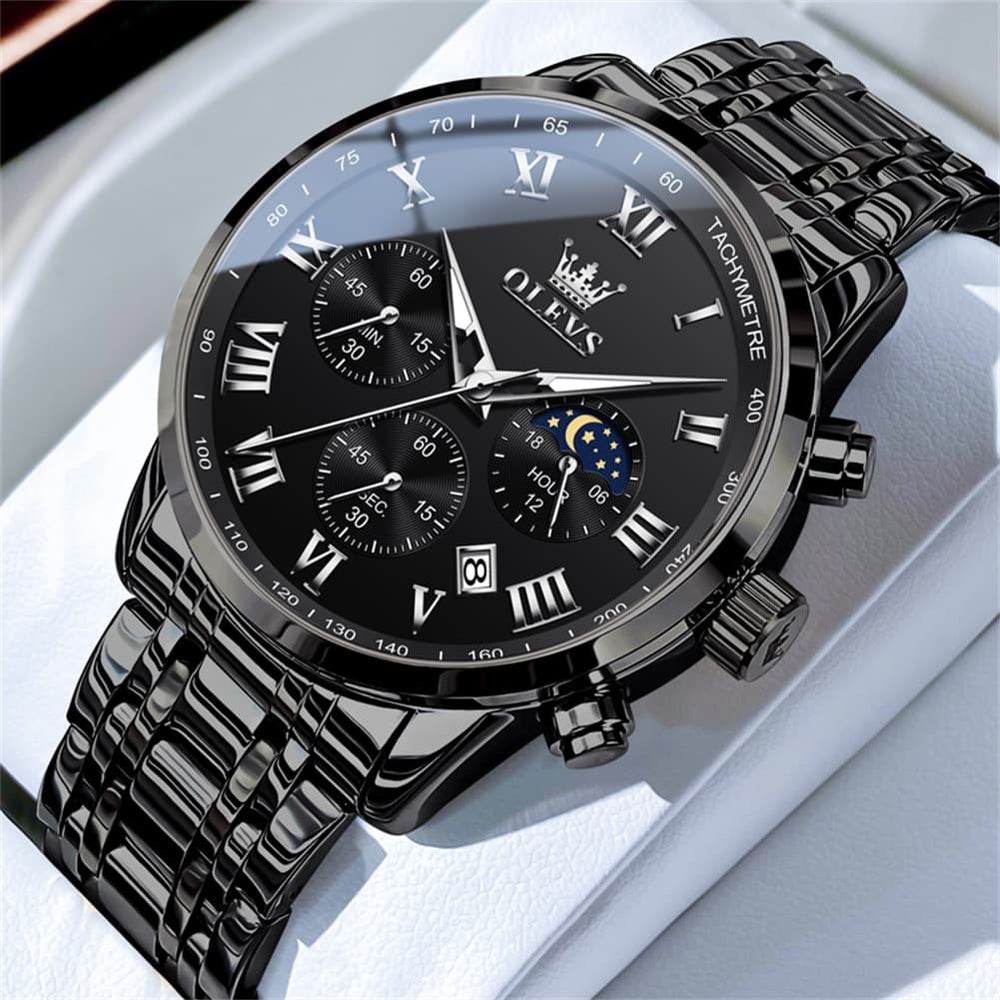 OLEVS Chronograph Moon Phase Dress Watch for Men Stainless Steel 5529 - All Black Watch | Olevs Watch Store