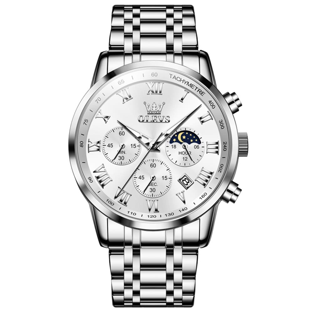 OLEVS Chronograph Moon Phase Dress Watch for Men Stainless Steel 5529 - Silver Blue Watch | Olevs Watch Store