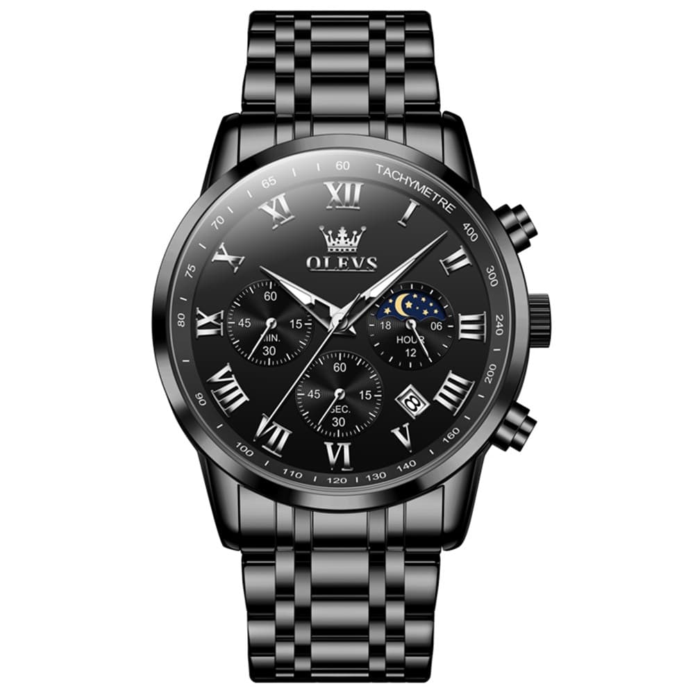 OLEVS Chronograph Moon Phase Dress Watch for Men Stainless Steel 5529 - Silver Blue Watch | Olevs Watch Store