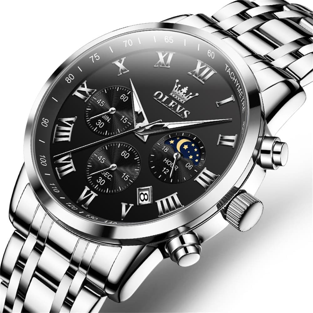 OLEVS Chronograph Moon Phase Dress Watch for Men Stainless Steel 5529 - Silver Blue Watch | Olevs Watch Store