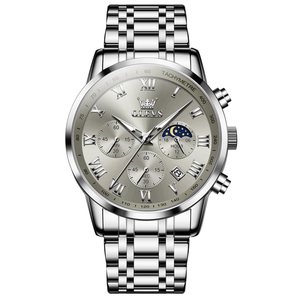 OLEVS Chronograph Moon Phase Dress Watch for Men Stainless Steel 5529 - Silver Blue Watch | Olevs Watch Store