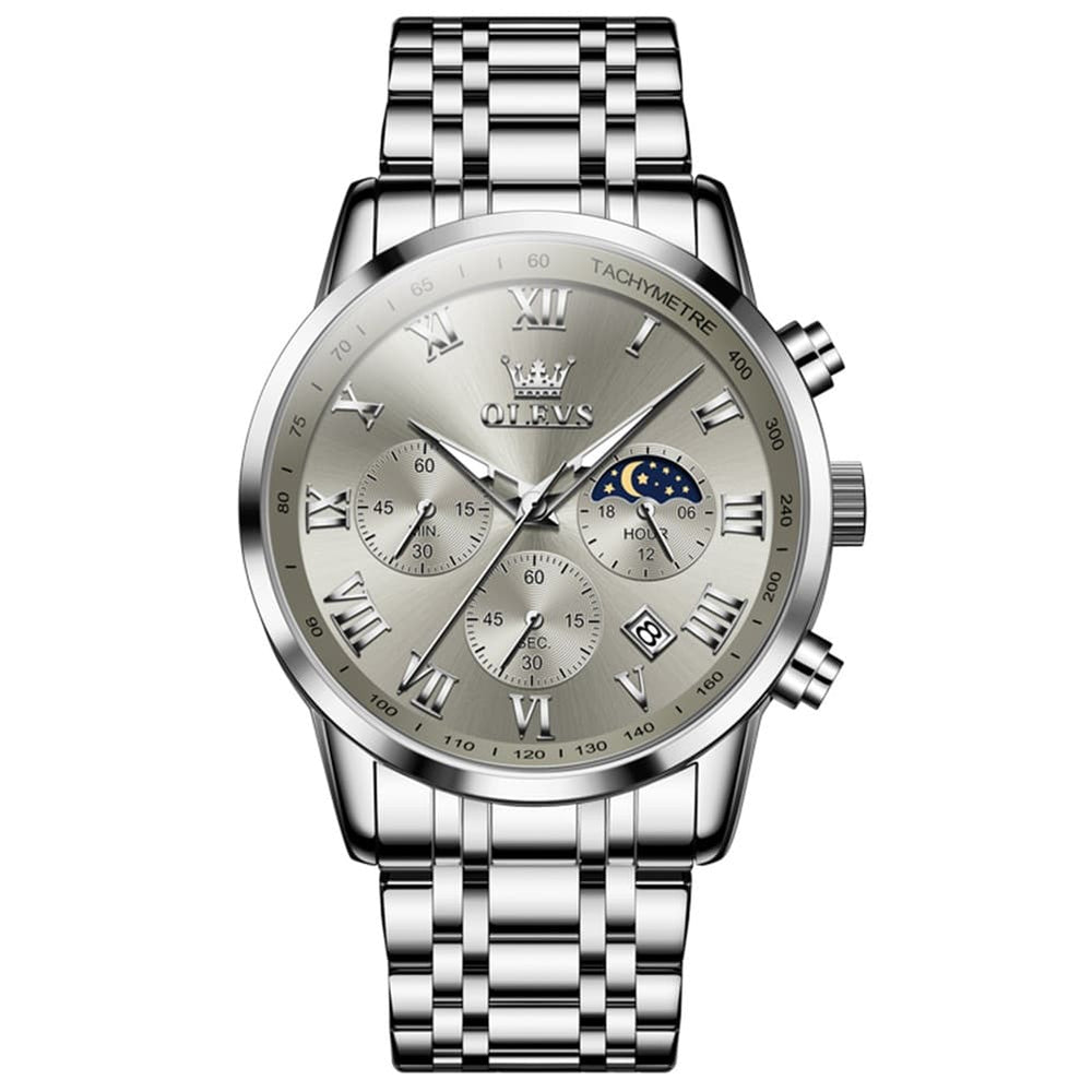 OLEVS Chronograph Moon Phase Dress Watch for Men Stainless Steel 5529 - Silver Blue Watch | Olevs Watch Store