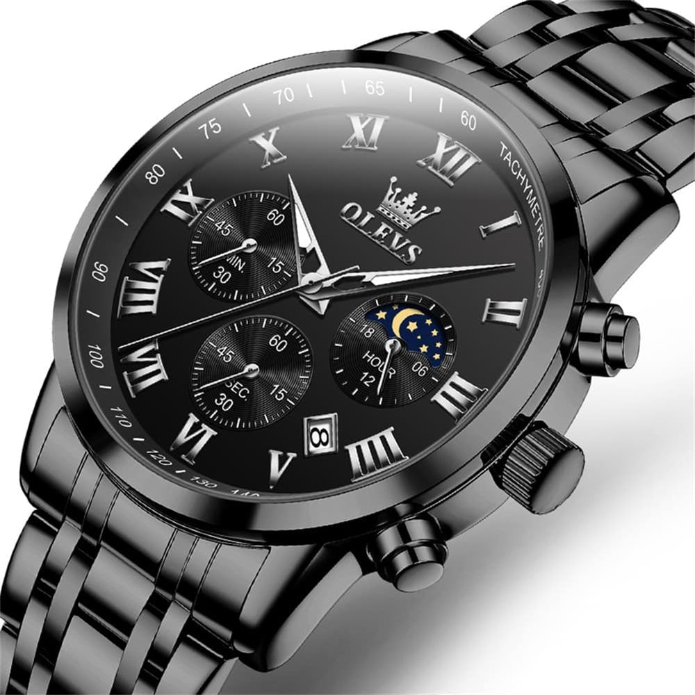 OLEVS Chronograph Moon Phase Dress Watch for Men Stainless Steel 5529 - Silver Blue Watch | Olevs Watch Store