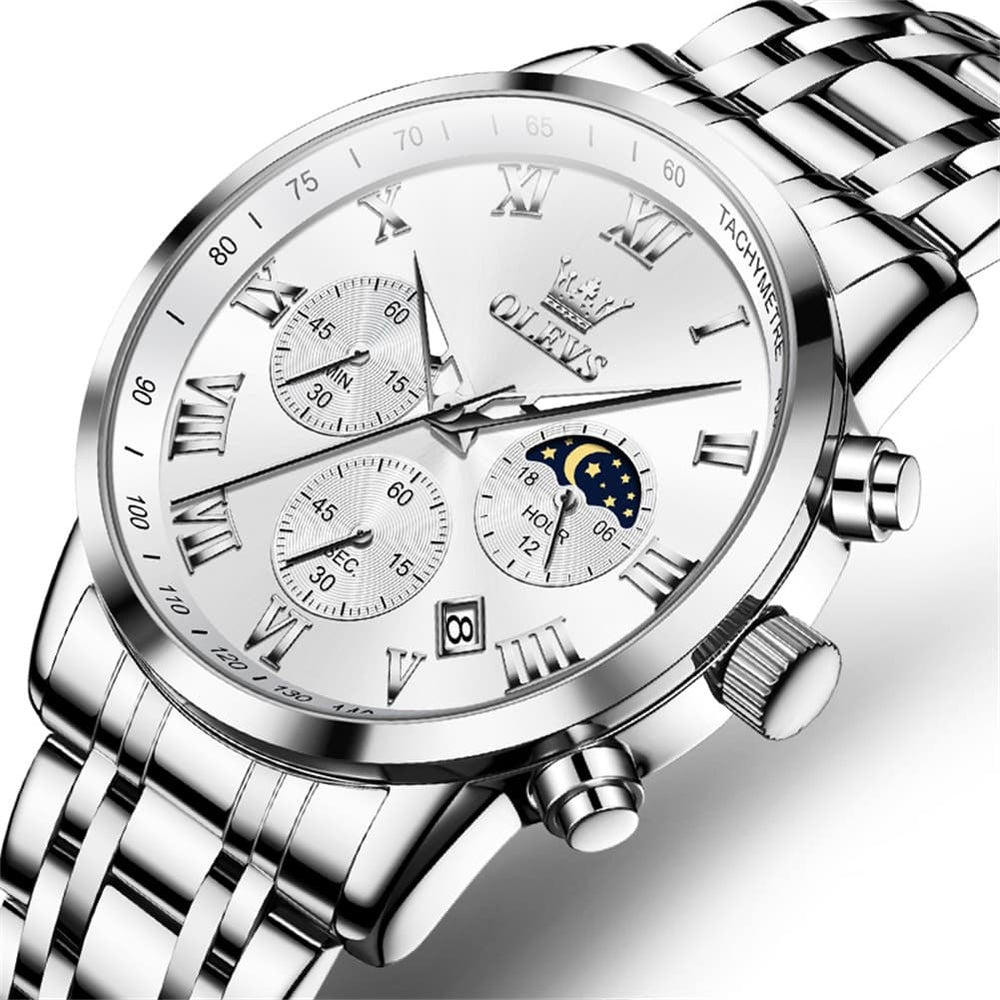 OLEVS Chronograph Moon Phase Dress Watch for Men Stainless Steel 5529 - All Black Watch | Olevs Watch Store