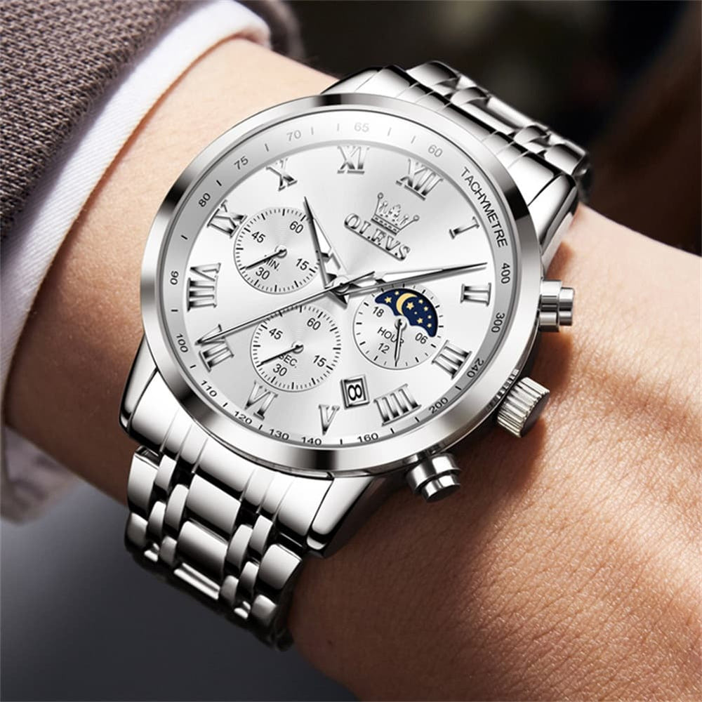 OLEVS Chronograph Moon Phase Dress Watch for Men Stainless Steel 5529 - Silver Blue Watch | Olevs Watch Store