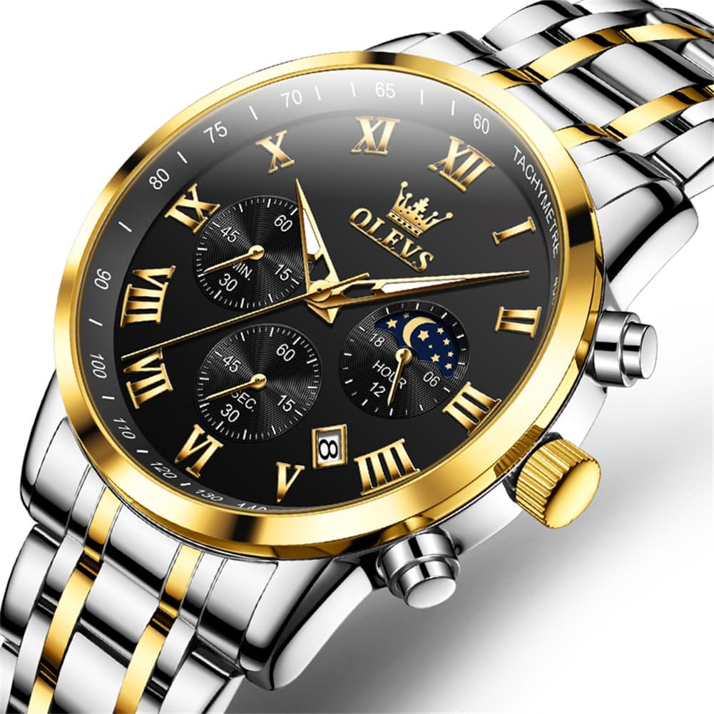 OLEVS Chronograph Moon Phase Dress Watch for Men Stainless Steel 5529 - All Black Watch | Olevs Watch Store