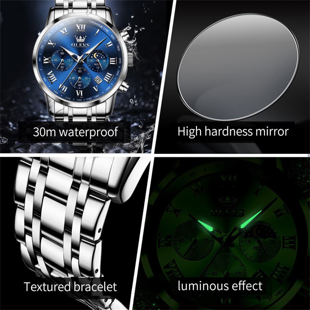 OLEVS Chronograph Moon Phase Dress Watch for Men Stainless Steel 5529 - Silver Blue Watch | Olevs Watch Store
