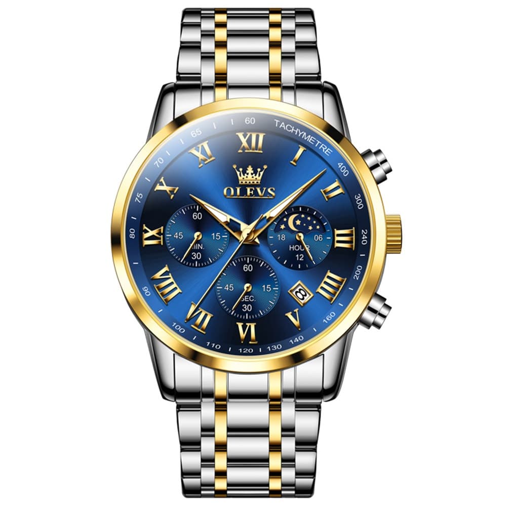 OLEVS Chronograph Moon Phase Dress Watch for Men Stainless Steel 5529 - Silver Blue Watch | Olevs Watch Store