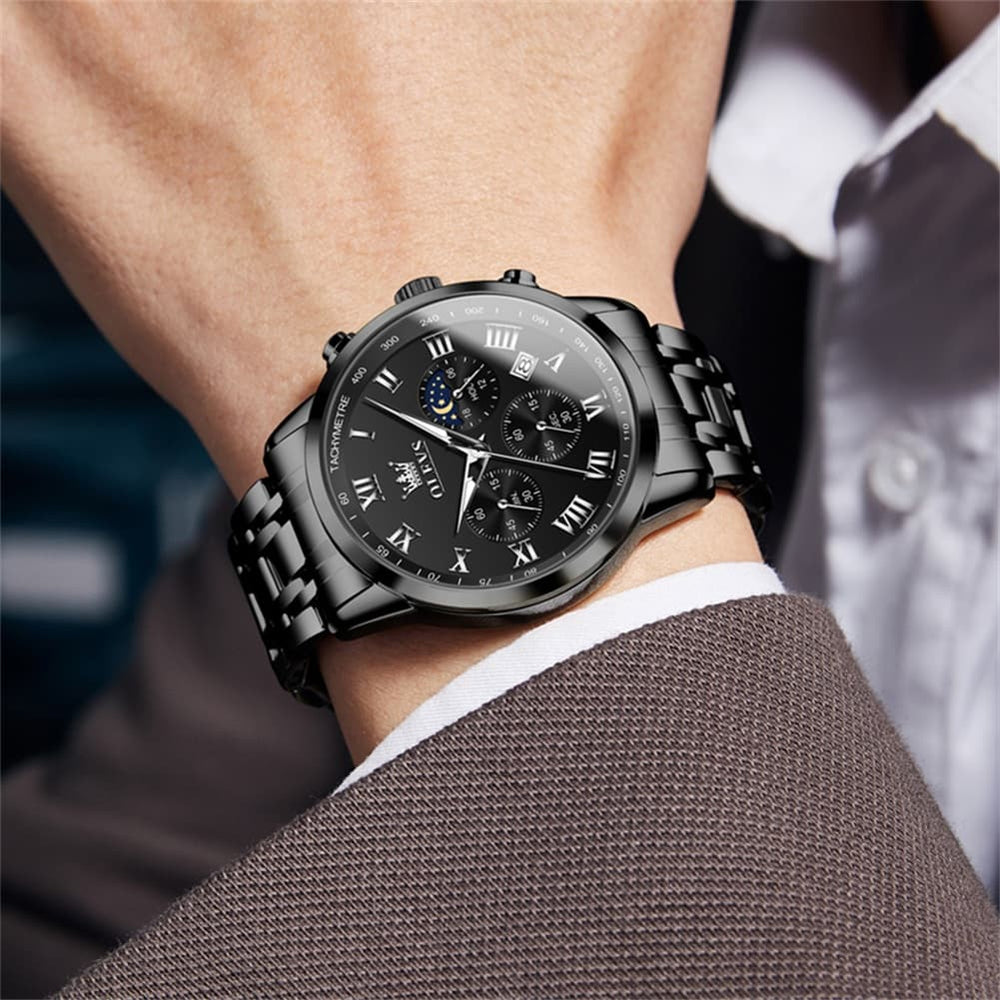 OLEVS Chronograph Moon Phase Dress Watch for Men Stainless Steel 5529 - All Black Watch | Olevs Watch Store