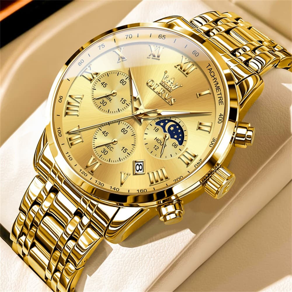 OLEVS Chronograph Moon Phase Dress Watch for Men Stainless Steel 5529 - All Gold Watch | Olevs Watch Store