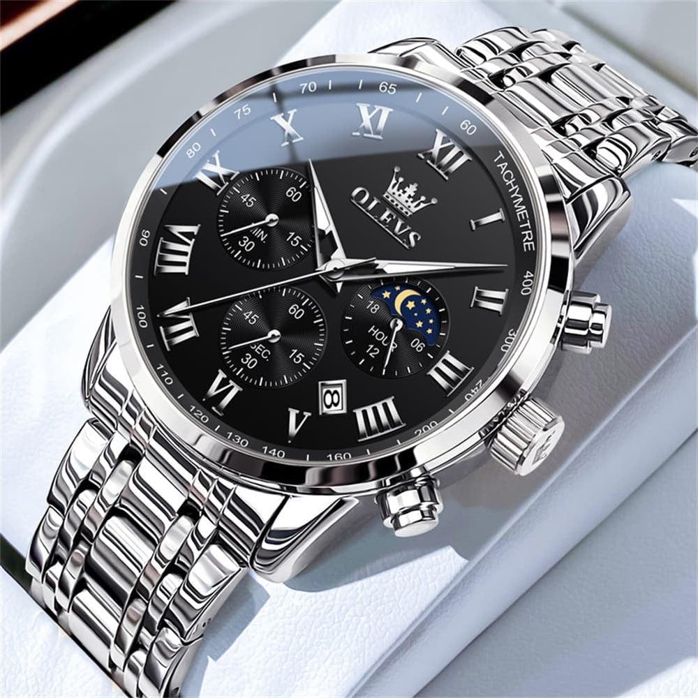 OLEVS Chronograph Moon Phase Dress Watch for Men Stainless Steel 5529 - Silver Black Watch | Olevs Watch Store