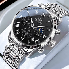 OLEVS Chronograph Moon Phase Dress Watch for Men Stainless Steel 5529 - Silver Black Watch | Olevs Watch Store